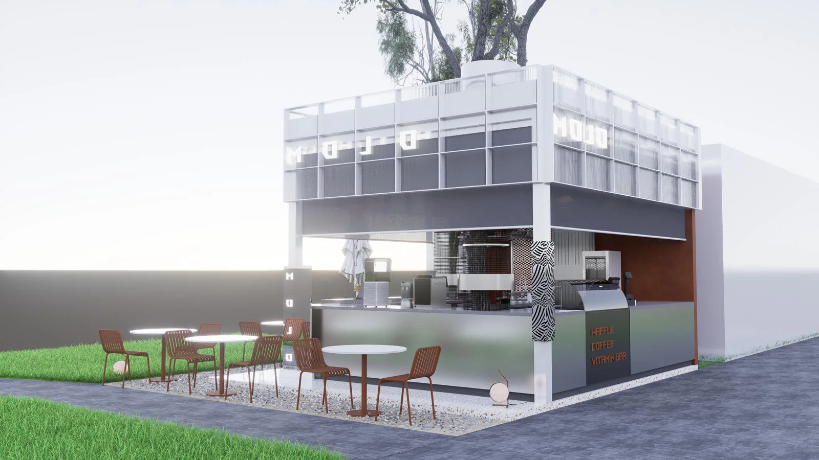 Mojo Waffle köşe cephe ve oturma alanı tasarımı